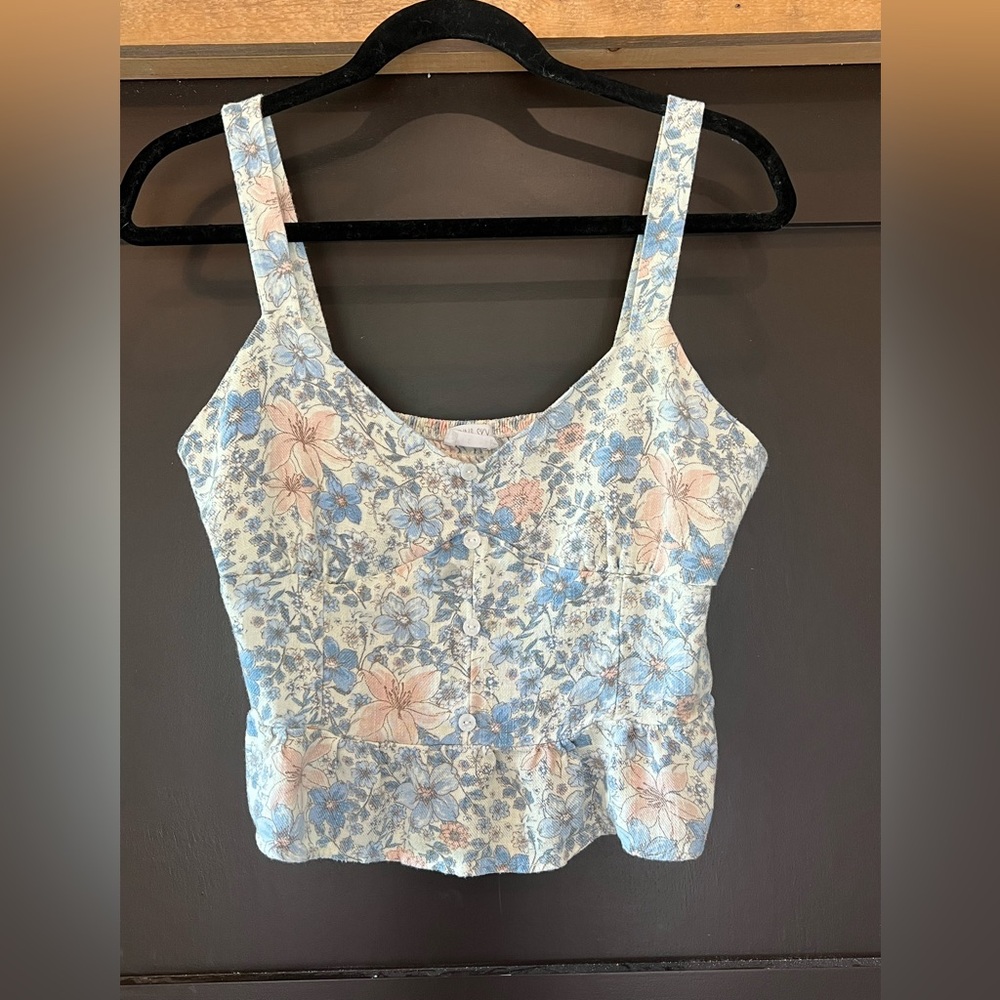 ☀️Sienna Sky Floral Smocked Back Pastel Cropped Peplum Tank Top Womens Large☀️
